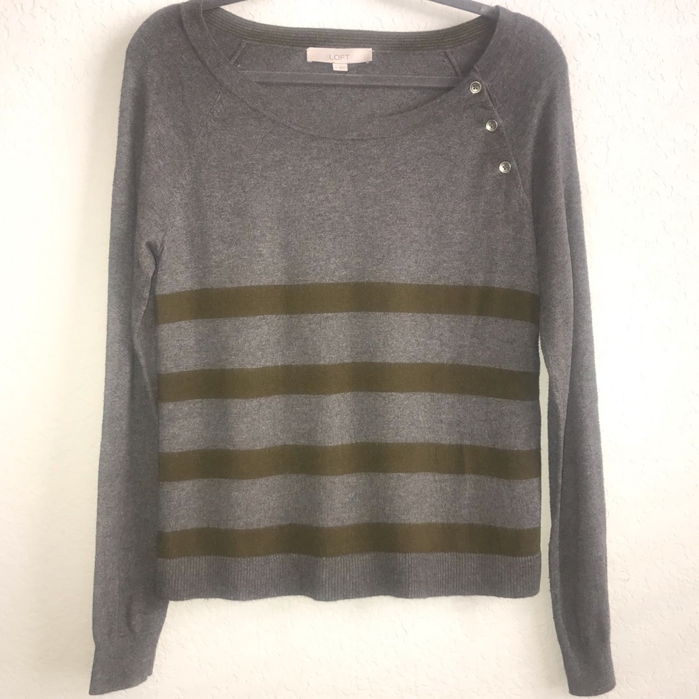 LOFT Grey/Army Green Stripped Light Sweater